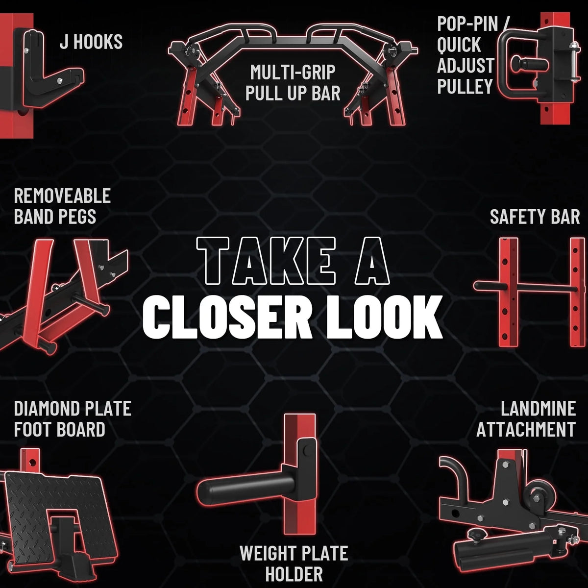Power Rack Cage, Weight Rack with Cable Crossover Machine,Multi-Function Squat Rack with J Hooks,Dip Bars and Landmine for Home Gym Red