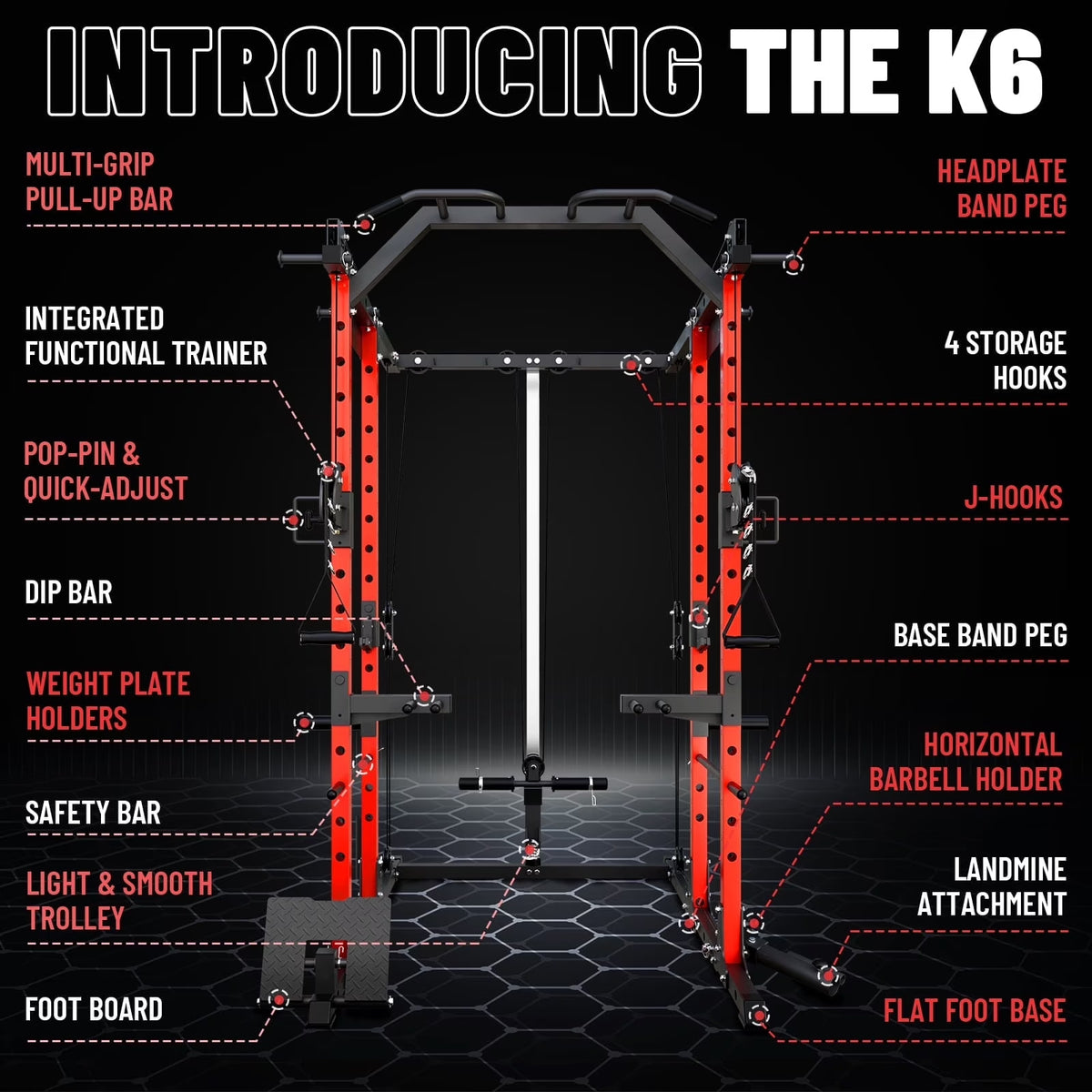 Power Rack Cage, Weight Rack with Cable Crossover Machine,Multi-Function Squat Rack with J Hooks,Dip Bars and Landmine for Home Gym Red
